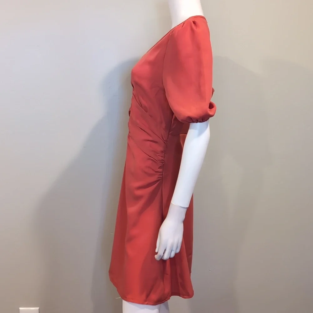 SHEIN Coral Pink V Neck Ruched Front Short Sleeve Mini Dress Size Medium